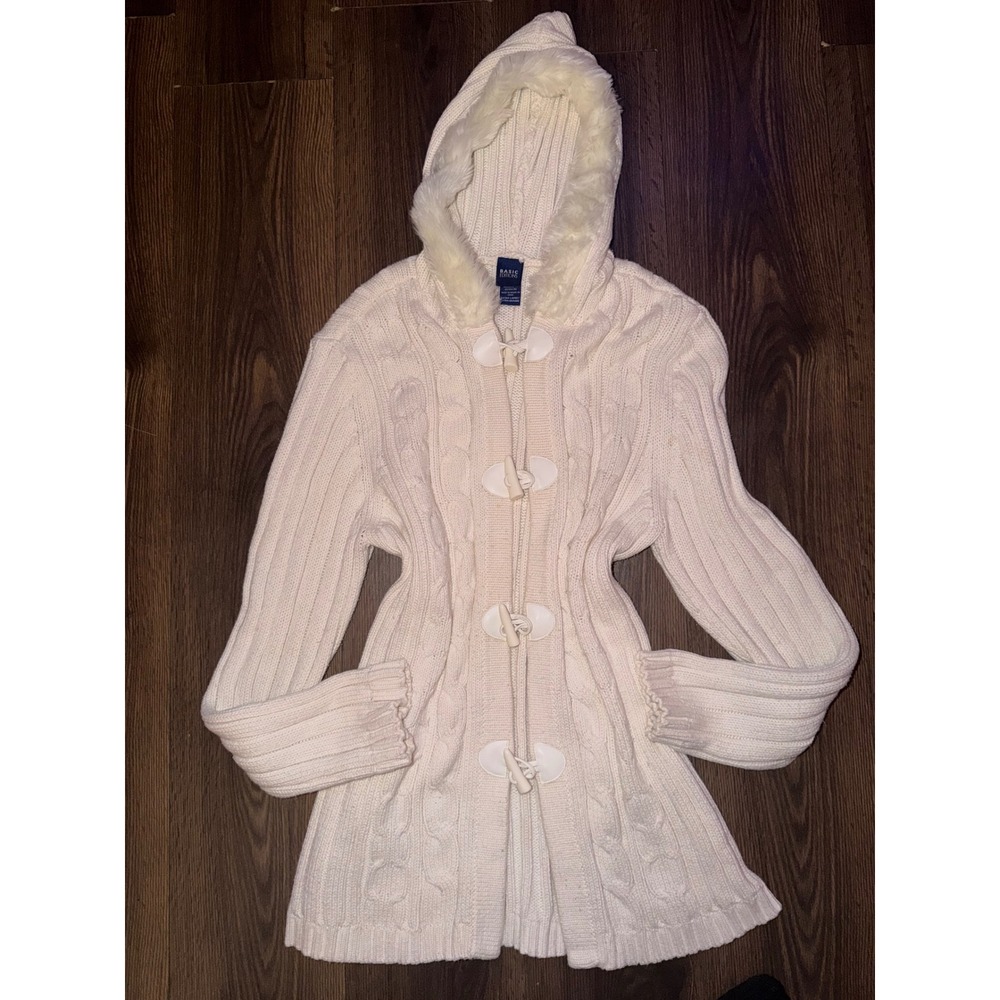 Y2K 2000s Basic Editions Sweater Womens XL Ivory Cream Faux Fur Hood Toggle Knit